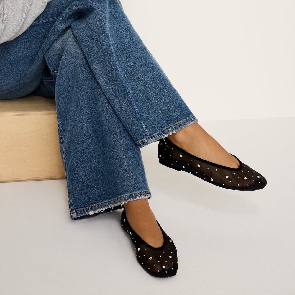 Good‎ American Diamond Mesh Ballet Black Flats Size 10 Crystal Accent New